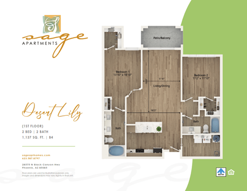 Floor plan for 2 beds, 2 baths, 1137 sqft